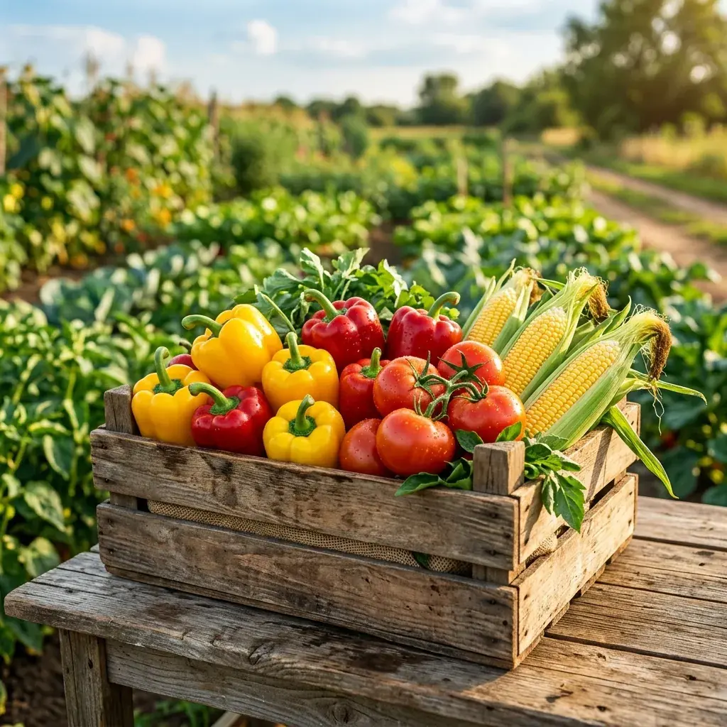 Fresh red peppers, tomatoes, and corn in a crate on a farm